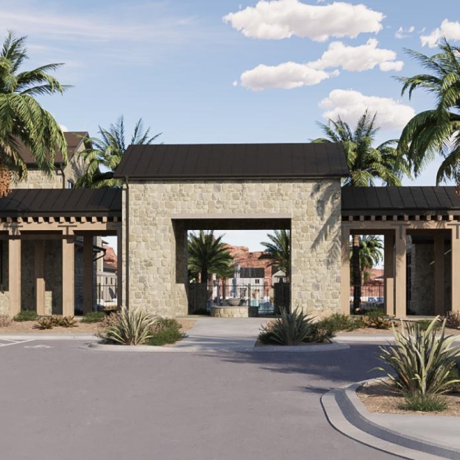 a building with palm trees and a parking lot