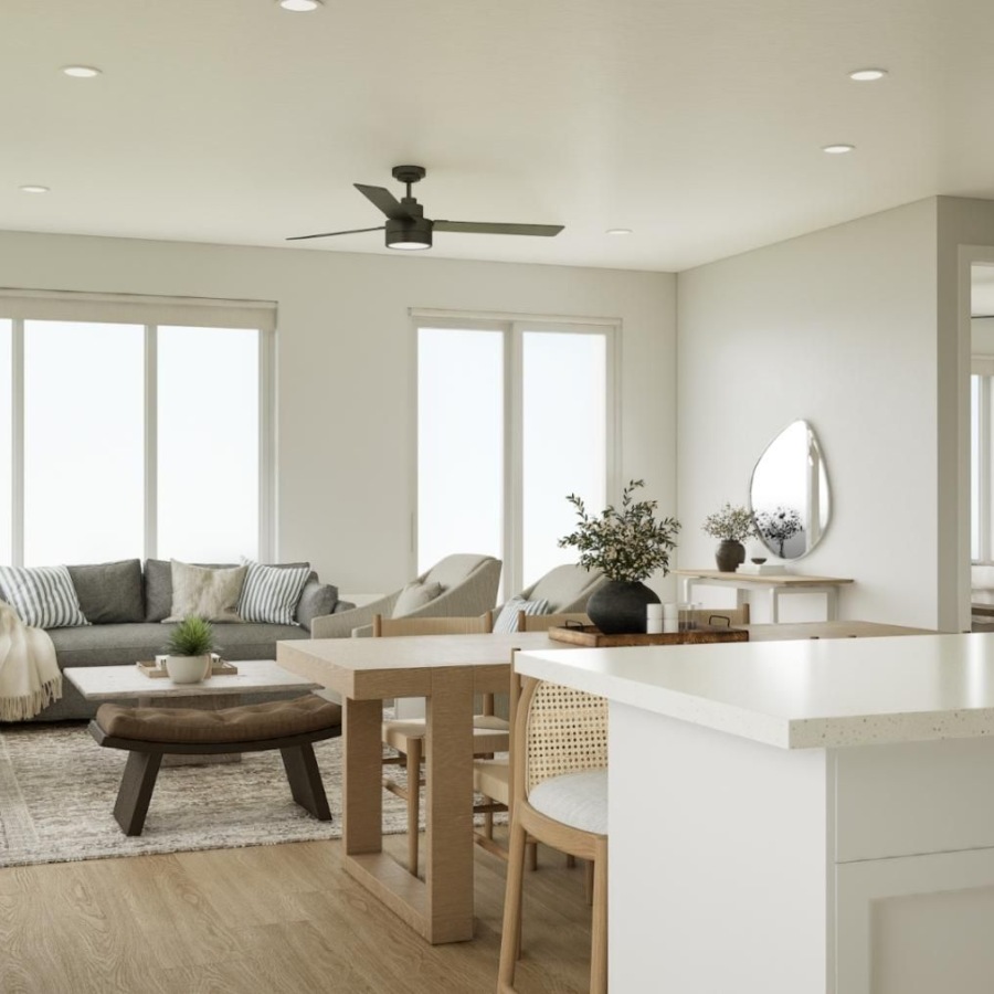 a kitchen and living room