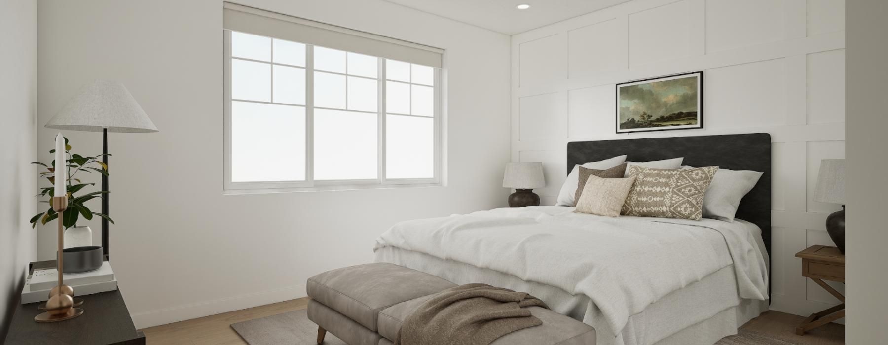 a bedroom with a bed and a fan