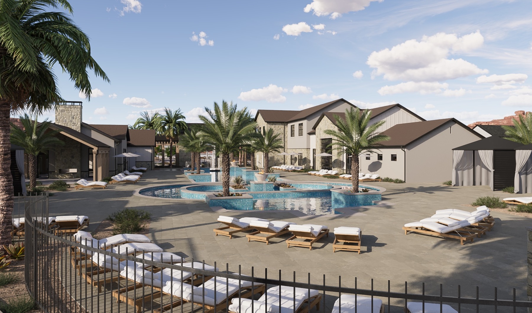 resort style pool with seating palm trees and a building behind it