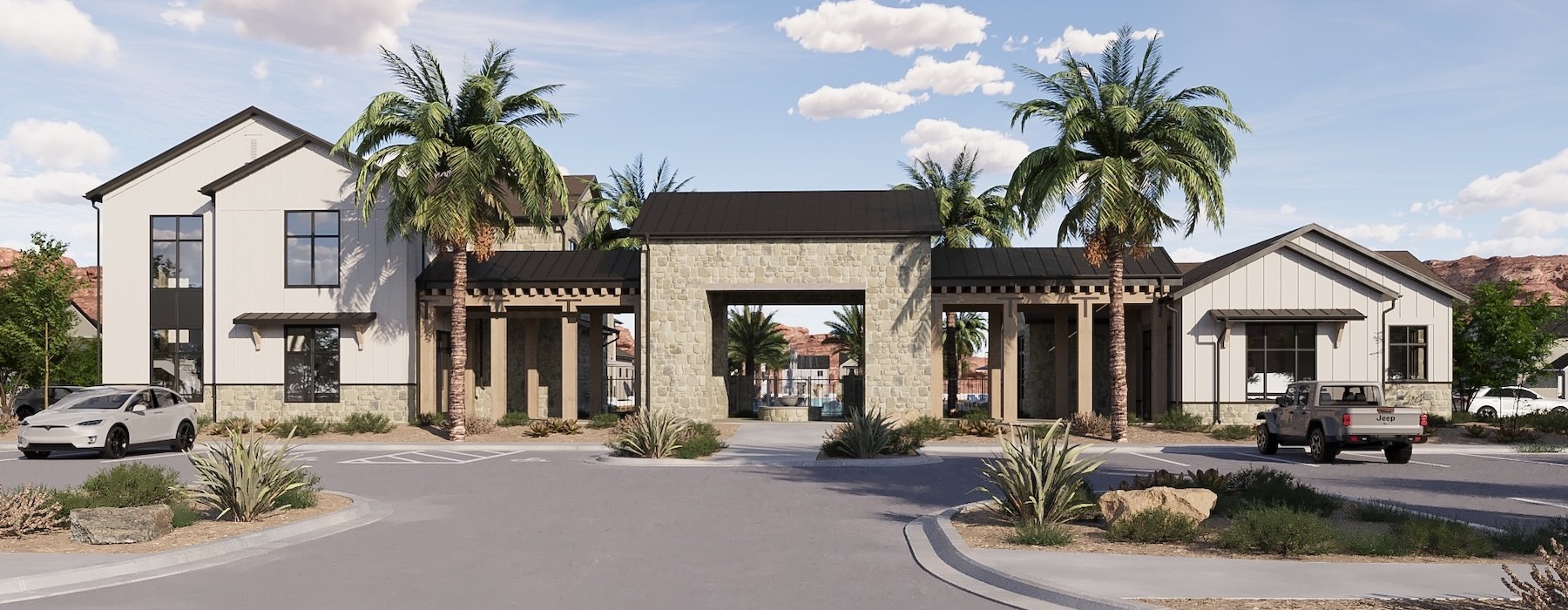 a large building with palm trees and a parking lot